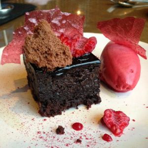 Barbecoa brownie, Raspberry & Pink Peppercorn Sorbet & Aerated Chocolate